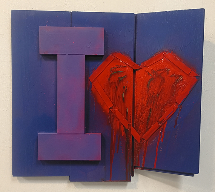 I Love, 22 x 24 1/4 x 3 1/2 inches, Acrylic and enamel on wood, 2026